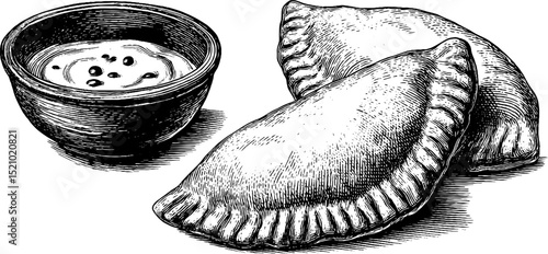 Engraved culinary art of empanadas and tomatoes for menu design and decoration