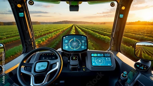 Modern Tractor Driving Through Farmland With GPS Dashboard and Scenic Field Rows