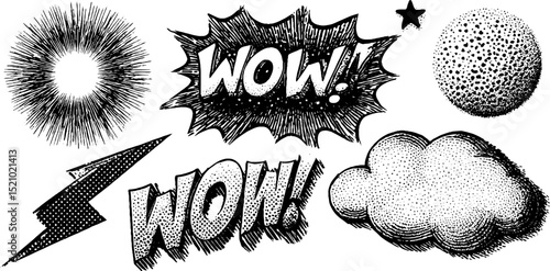 Engraved illustration set featuring explosive bubbles and comic elements for creative design