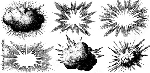 Engraved explosion effect illustrations set for graphic design projects