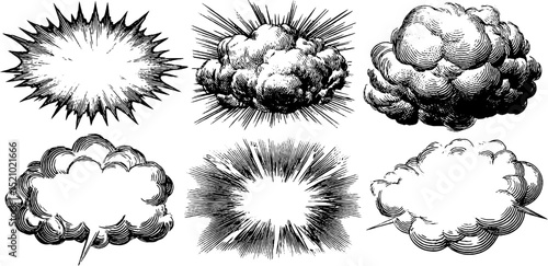 Vintage engraved explosion effects for design and comic art enhancement