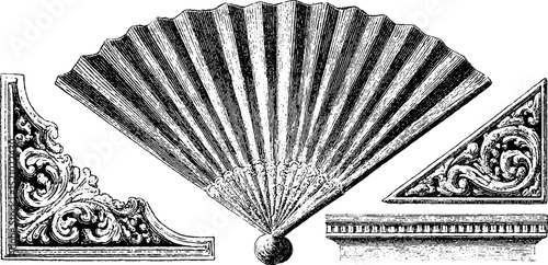 Vintage engraved fan and ornamental architectural elements design set