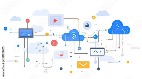 Colorful digital illustration of a complex cloud computing network.
