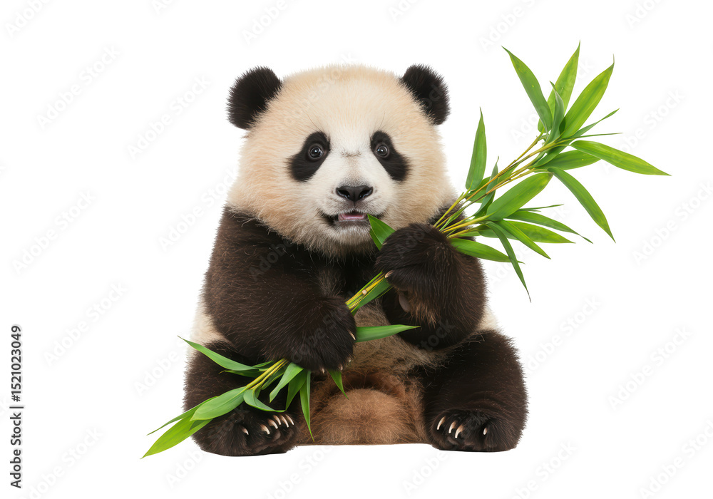 Obraz premium Isolated Adorable Baby Panda Eating Fresh Green Bamboo