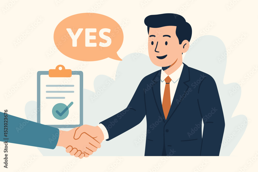 Entrepreneur's affirmative deal: Business handshake agreement. Successful partnership contract confirmation with YES speech bubble, approved checklist. Negotiation success, vector illustration. Entrepreneur's affirmative deal: Business handshake agreement. Successful partnership contract confirmation with YES speech bubble, approved checklist. Negotiation success, vector illustration.