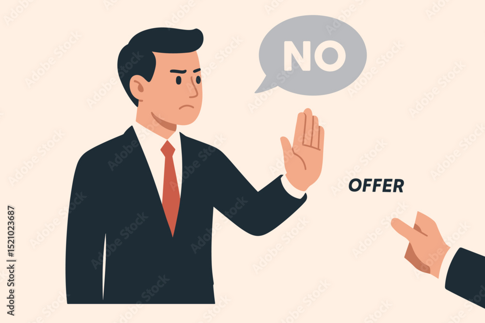 Business rejection concept. Businessman in suit makes stop gesture, says NO to offer document. Refusal, denial, negative response. Unsuccessful deal, disapproval, disagreement vector illustration. Business rejection concept. Businessman in suit makes stop gesture, says NO to offer document. Refusal, denial, negative response. Unsuccessful deal, disapproval, disagreement vector illustration.