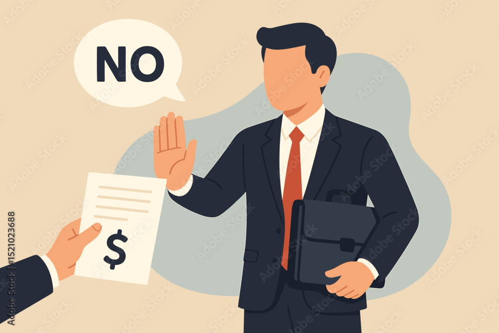 Businessman rejecting money offer. Executive says NO to financial proposal with stop hand gesture. Anti-bribery, ethical business concept. Corruption refusal, integrity in corporate deals. Vector. Businessman rejecting money offer. Executive says NO to financial proposal with stop hand gesture. Anti-bribery, ethical business concept. Corruption refusal, integrity in corporate deals. Vector.