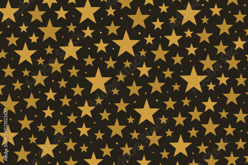 Golden stars seamless pattern, luxury vector background. Elegant gold star illustration on black. Festive Christmas, New Year celebration wallpaper, holiday decor, wrapping paper, textile design.