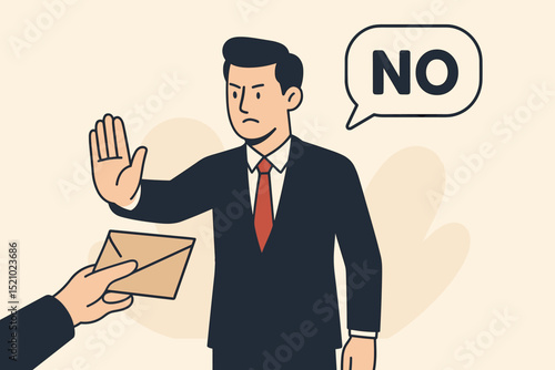 Business rejection illustration. Disgruntled businessman says no, refusing document or offer. Professional refusal, denial of proposition, negative answer, saying stop.