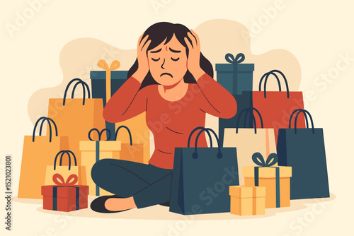 Stressed woman experiencing shopping overload, surrounded by numerous bags and gifts. Concept of consumerism fatigue, shopaholic anxiety, buyer's remorse, and mental pressure from overspending.