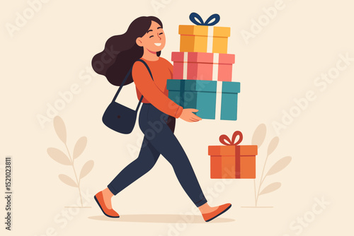 Joyful woman gift shopping, happily carrying a stack of colorful presents. Celebration concept, holiday season preparation, festive mood. Female character vector illustration for retail sales.