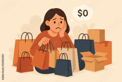 Compulsive shopping addiction. Sad woman with bags, no money left. Shopaholic overspending, financial crisis, debt stress. Buyer's remorse, retail therapy disorder. Zero balance illustration.
