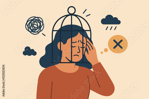 Mental confinement symbolized by woman with head in cage, feeling trapped, anxious, and depressed. Concept of psychological distress, negative thoughts, stress, and mental health issues.