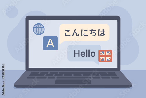 Language translation app and software on laptop screen, instant online multilingual communication concept. Global internet translating service for foreign languages via digital technology.