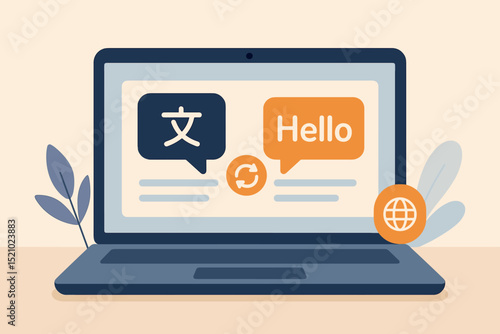 Language translation app on laptop screen. Online multilingual translator service for global communication. Digital dictionary, foreign language learning tool, international web based education tech.