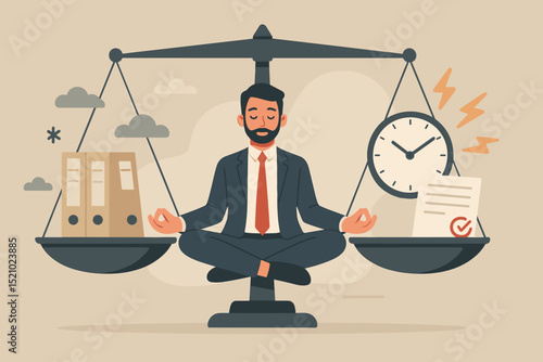 Meditating businessman finding work-life balance. Man in suit on scales weighing job tasks, folders against time pressure, clock deadline. Stress management, mindfulness concept. Corporate wellness.