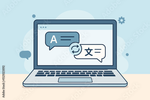 Language translation app on laptop screen for online communication. Digital dictionary and interpreter software concept. Multilingual conversation, global business technology, e-learning tool vector.