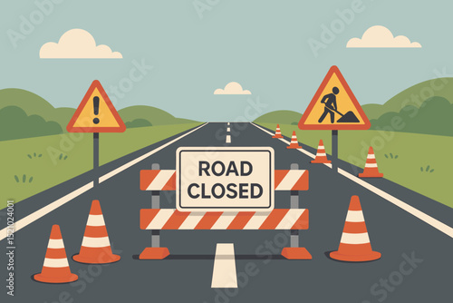 Road Closed for Highway Repair: Construction Site with Warning Signs, Traffic Cones, Barricade, and Men at Work Symbol. Vector Illustration for Detour, Safety, and Roadwork.