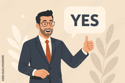 Successful businessman celebrating achievement with thumbs up and YES speech bubble. Concept of positive negotiation, deal approval, and business agreement. Vector illustration of a happy manager.