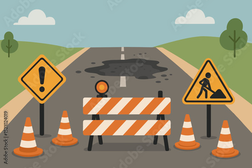 Road under construction concept. Damaged highway with pothole, barrier, safety cones, and warning signs for repair and maintenance work. Detour ahead. Flat vector illustration of infrastructure.