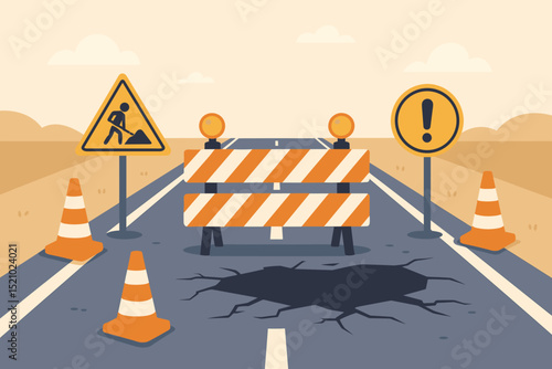 Road repair concept illustration. Damaged street with large crack and pothole. Construction zone with men at work sign, exclamation warning, traffic cones, and safety barrier. Road works.