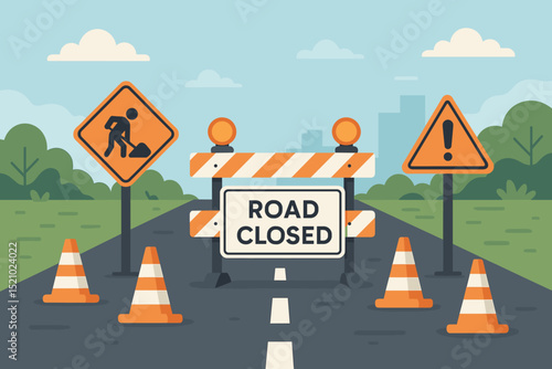 Road closed due to construction. Vector illustration with street barrier, traffic cones, men at work symbol, and warning signs. Roadwork, maintenance, detour, safety ahead concept.