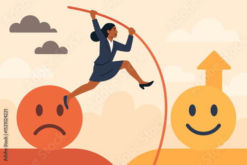 Businesswoman pole vaulting over sad face emoji, overcoming negativity. Concept of positive mindset, emotional intelligence, resilience, success, personal growth, motivation, moving to happy icon.