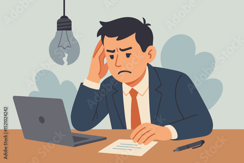 Frustrated businessman at office desk with laptop, feeling stress and burnout. Broken lightbulb symbolizes lack of creativity, no ideas, or business failure. Man overwhelmed by work problems.