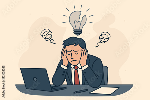 Frustrated businessman mental stress. Creative block. Burnout metaphor. Office desk, laptop. Broken lightbulb. No idea. Failure. Work problem. Deadline pressure. Professional crisis. Sad manager.
