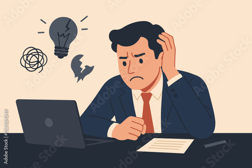 Overwhelmed businessman at desk with laptop, battling frustration, stress, burnout, and creative block. Concept of business failure, project problems, no ideas, broken concepts, and mental exhaustion.