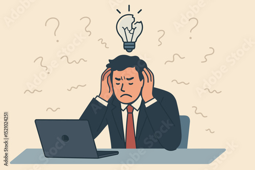 Frustrated businessman at laptop with broken lightbulb, symbolizing lack of ideas, stress, and creative block. Office worker experiencing burnout, business problem, failure, or deadline pressure.