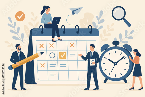 Efficient time management concept with business team planning schedule, organizing tasks on calendar. Productivity, deadline strategy with alarm clock, laptop and pencil. Project organization.