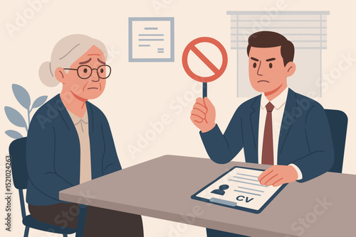 Ageism at work: HR manager rejects senior woman with prohibition sign during job interview. Sad older applicant faces age discrimination, employment bias, unfair hiring. CV, resume ignored.