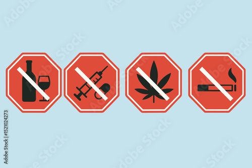 No alcohol, drugs, smoking, marijuana prohibition signs. Healthy lifestyle icons set. Stop addiction, unhealthy habits warning symbols. Vector graphic for health promotion and prevention.