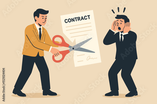 Contract termination concept. Businessman cutting agreement with scissors. Shocked colleague. Business deal cancellation. Partnership ending. Job loss. Dismissal. Fired. Unemployment. Broken promise.