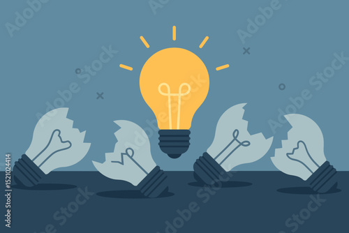 Illuminating innovation bright idea lightbulb stands out from failed broken ones. Concept of creativity success unique solution inspiration breakthrough thinking invention progress vector art.
