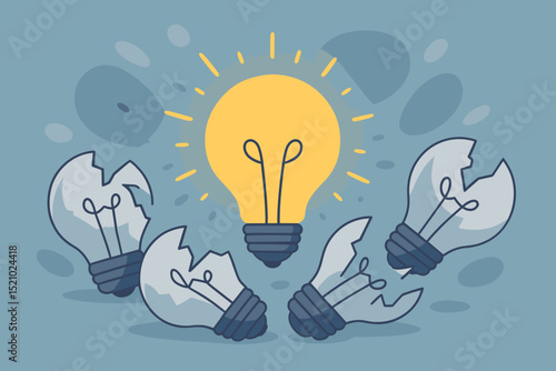 Illuminating innovation concept. Bright idea lightbulb shining among broken failures. Metaphor for creativity, problem-solving, success, and breakthrough thinking. Solution emerges from challenges.