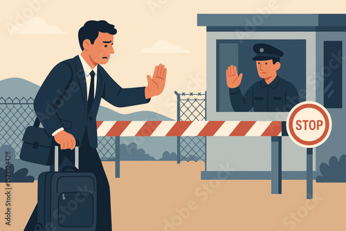 Border control challenges. Businessman denied entry at international checkpoint. Traveler faces guard, stop sign, barrier. Immigration issues, travel restrictions, security concept. Frustration.