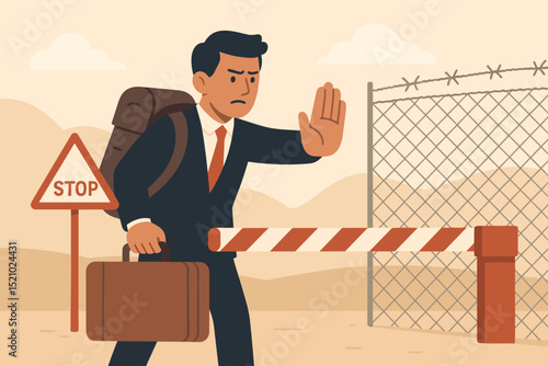 Man stopped at border, denied entry. Immigration crisis, refugee, asylum seeker concept. Businessman, traveler faces barrier, stop sign, barbed wire fence. Illegal crossing, travel restriction.