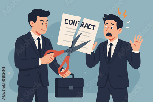 Contract termination illustrated. Calm businessman cuts legal document with scissors, shocking his partner. Business disagreement, breach of contract, partnership dissolution, job dismissal vector.