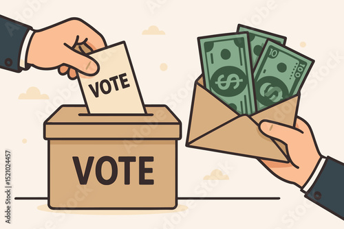 Vote buying and election bribery concept illustration. Hand casting ballot into vote box while another hand offers money. Political corruption, illegal influence in democracy, voter fraud vector.