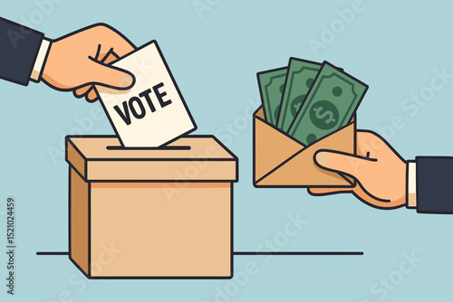 Vote buying concept. Political corruption, election fraud illustration. Hand casts ballot, money envelope bribery. Illegal influence, unethical politics, democracy threat. Electoral manipulation.