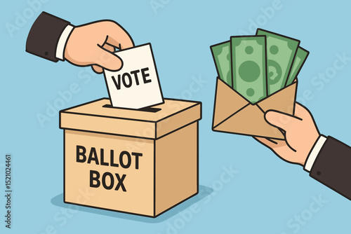 Political corruption concept. Hand casting vote in ballot box while another offers cash bribe. Election fraud, vote buying, illegal influence on democracy. Dishonest politics, government bribery.
