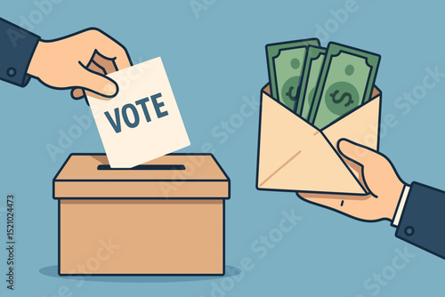 Political corruption conceptual illustration. Hand puts vote into ballot box, another offers bribe money in envelope. Election fraud, vote buying, unethical influence, democracy, dishonesty. Vector.