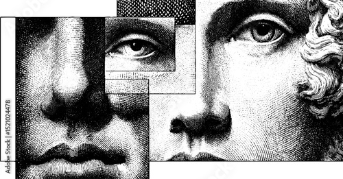 Engraved fragmented face design set for artistic posters and prints