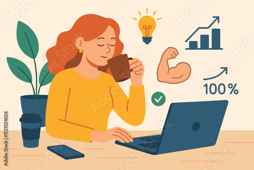 Empowering coffee break boosting productivity. Woman working on laptop, fueled by ideas, strength, and business growth. Achieving 100% success concept. Freelancer or office worker vector illustration.
