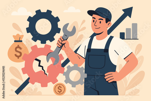 Skilled mechanic repairs broken gear. Industrial maintenance, business growth, financial investment concept. Professional worker with wrench fixes machinery for profit, efficiency. Technical service.