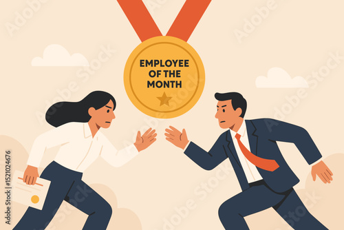Coworker competition for Employee of the Month award. Business professionals racing for recognition, achievement, and career success. Ambitious man and woman striving for gold medal.