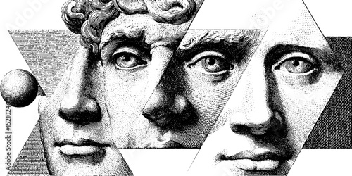 Engraved illustration of fragmented faces with geometric shapes - art design for prints and posters