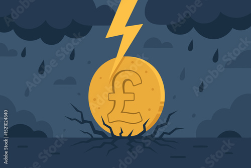 British Pound economic crisis vector illustration. GBP currency coin hit by lightning, causing cracks. Financial storm, recession, inflation, market crash, UK economic downturn concept.